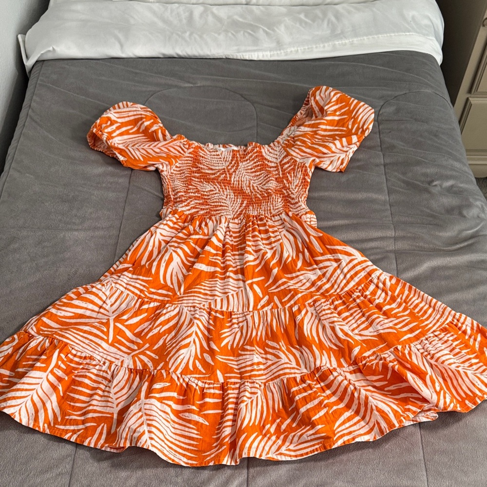 Lapogee womens Orange Palm-Print Smocked linen & cotton Dress Jrs. Sz M